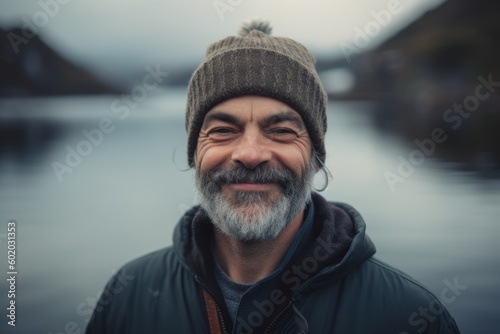 Portrait of a senior man with gray beard and hat in front of a mountain lake