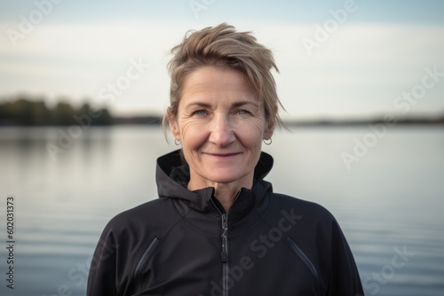 Portrait of a senior woman in a black jacket on a lake