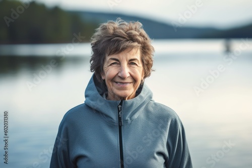 Portrait of a smiling senior woman in a hoodie on a lake background