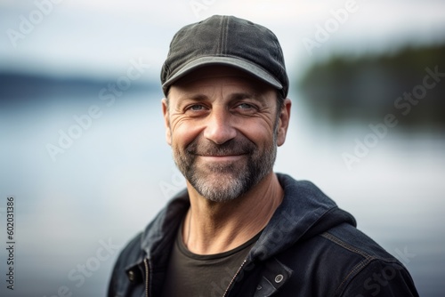 Medium shot portrait photography of a grinning man in his 40s wearing a cool cap or hat against a crystal clear lake or serene water background. Generative AI © Robert MEYNER