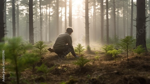 A person planting a tree in a forest  seen from behind. 