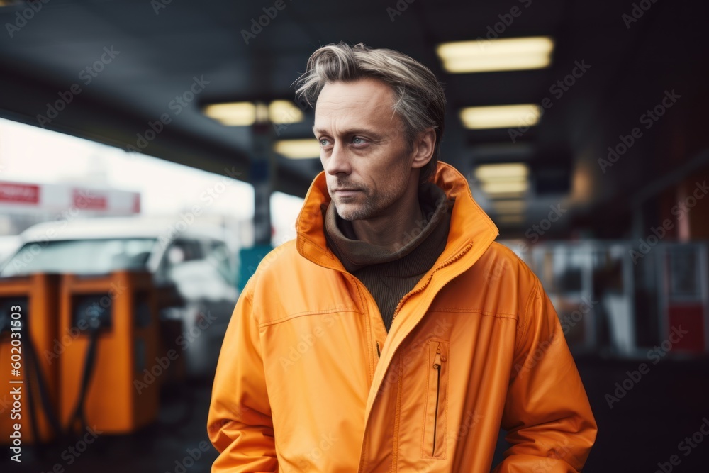 portrait of man in yellow raincoat looking away at gas station portrait of man in yellow raincoat looking away at gas station