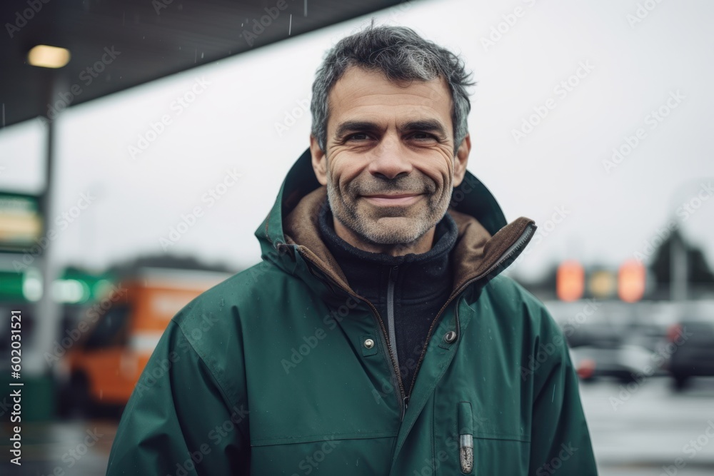 Portrait of a middle-aged man in a raincoat on a city street Portrait of a middle-aged man in a raincoat on a city street