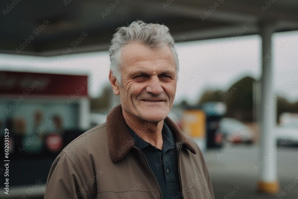 portrait of smiling senior man standing at gas station and looking at camera portrait of smiling senior man standing at gas station and looking at camera