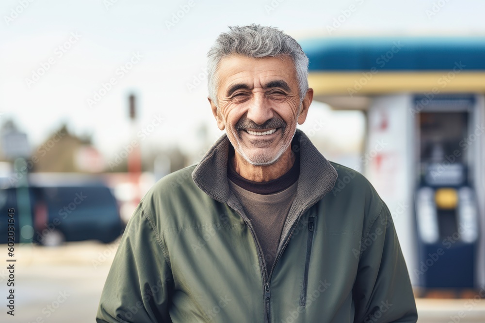 Portrait of senior man with grey hair smiling at the gas station Portrait of senior man with grey hair smiling at the gas station