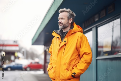 Portrait of a handsome middle-aged man in a yellow jacket on a city street