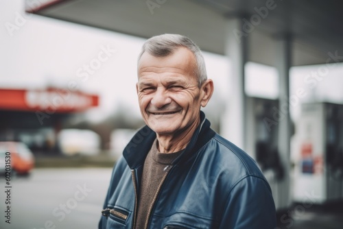 Portrait of happy senior man at gas station. He is looking at camera and smiling.