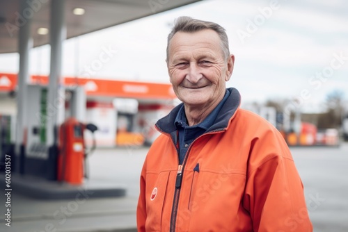 Portrait of smiling senior man in orange jacket standing at gas station