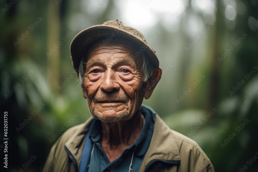 Portrait of an elderly man with a hat in the jungle.