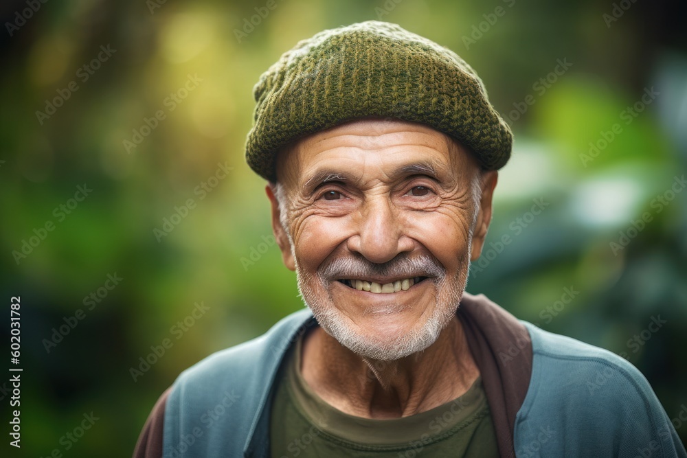 Portrait of smiling senior man in green hat standing in park on a sunny day Portrait of smiling senior man in green hat standing in park on a sunny day
