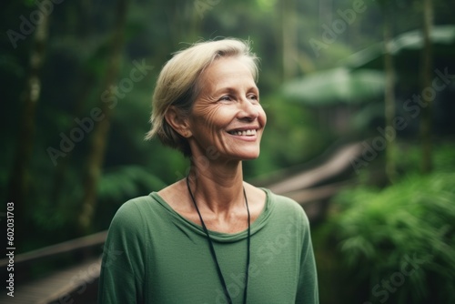 Portrait of smiling senior woman looking away while standing in the forest