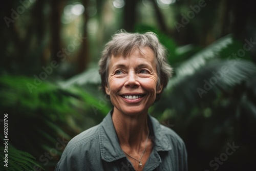 Portrait of smiling senior woman standing in rainforest on a sunny day