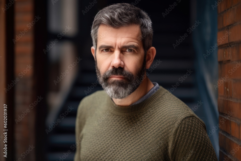 Portrait of a mature man with gray hair and beard in a green sweater. Portrait of a mature man with gray hair and beard in a green sweater.