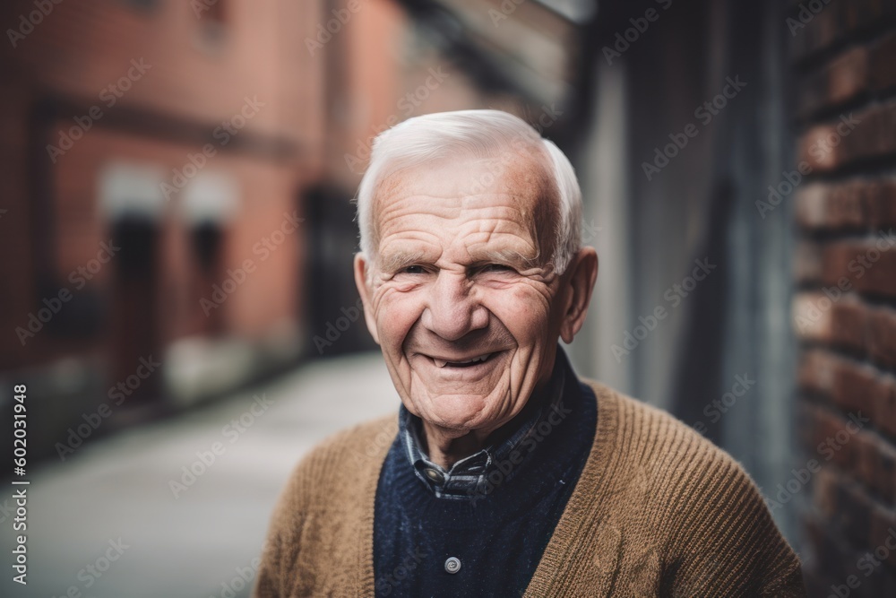 Portrait of an elderly man in the city. Looking at the camera.