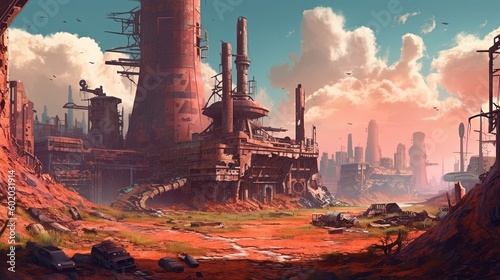 A post-apocalyptic wasteland with ruins of a once-great city in the background. Fantasy concept , Illustration painting. Generative AI