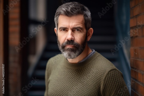 Portrait of a mature man with gray hair and beard in a green sweater.