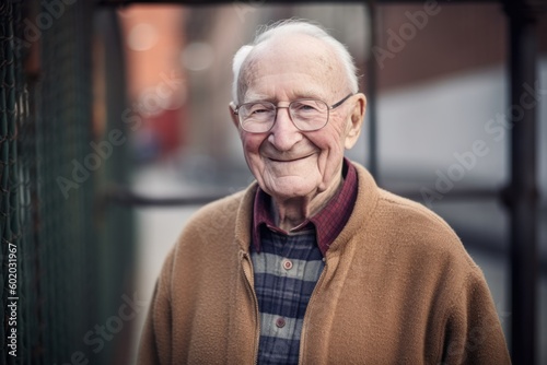 Portrait of a smiling senior man with glasses in the city.