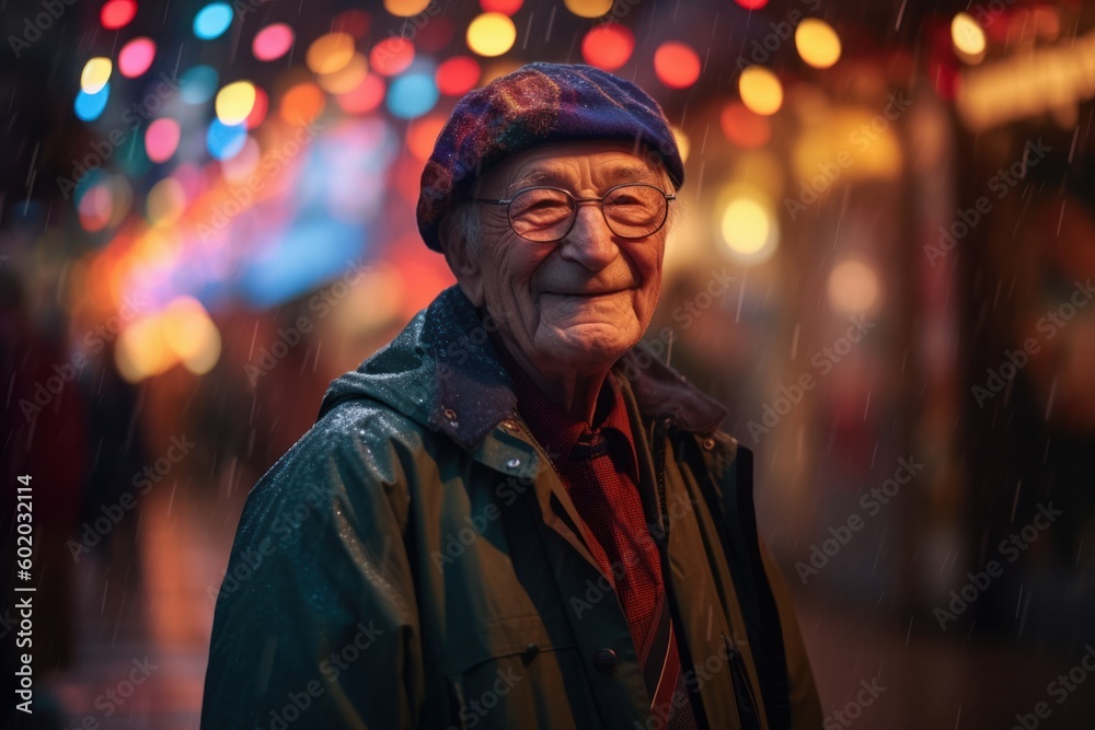 Portrait of an elderly Asian man at night in the rain.