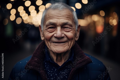 Portrait of an old man with a smile in the city at night
