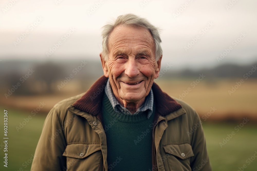 Portrait of happy senior man standing in the field and looking at camera Portrait of happy senior man standing in the field and looking at camera