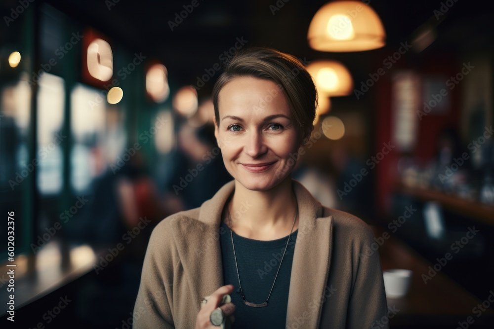 Portrait of a smiling young woman in a cafe looking at camera