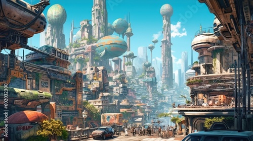 A sci-fi city with flying cars and alien architecture. Fantasy concept , Illustration painting. Generative AI