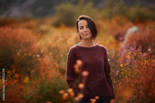 Portrait of a beautiful young woman in a red sweater on a background of wildflowers
