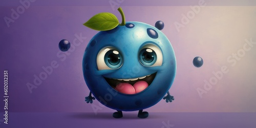 Happy smiling blue blueberry face cartoon character  funny cute berry fruit sticker color personage icon isolated on purple background  healthy organic vegan diet food. AI generative.