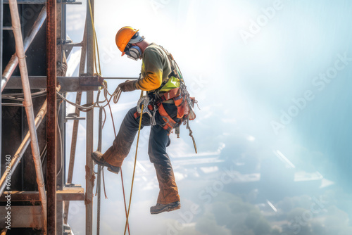 Construction worker climber on a site wearing construction safety equipment working at height, Generative AI photo