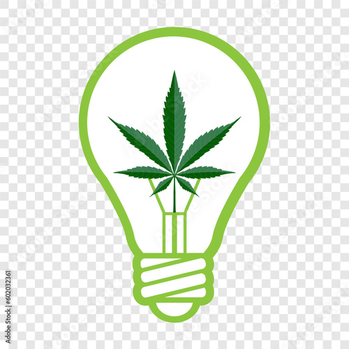 cannabis energy light bulb against. cannabis, marijuana, marihuana, hemp, weed in light bulb symbol of renewable energy. green cannabis power vector icon. renewable energy icon.