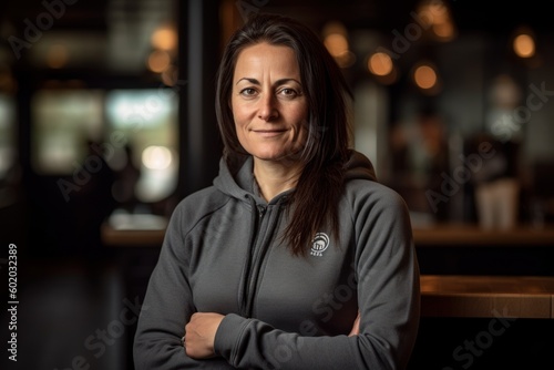 Portrait of mature woman with arms crossed in a coffee shop.