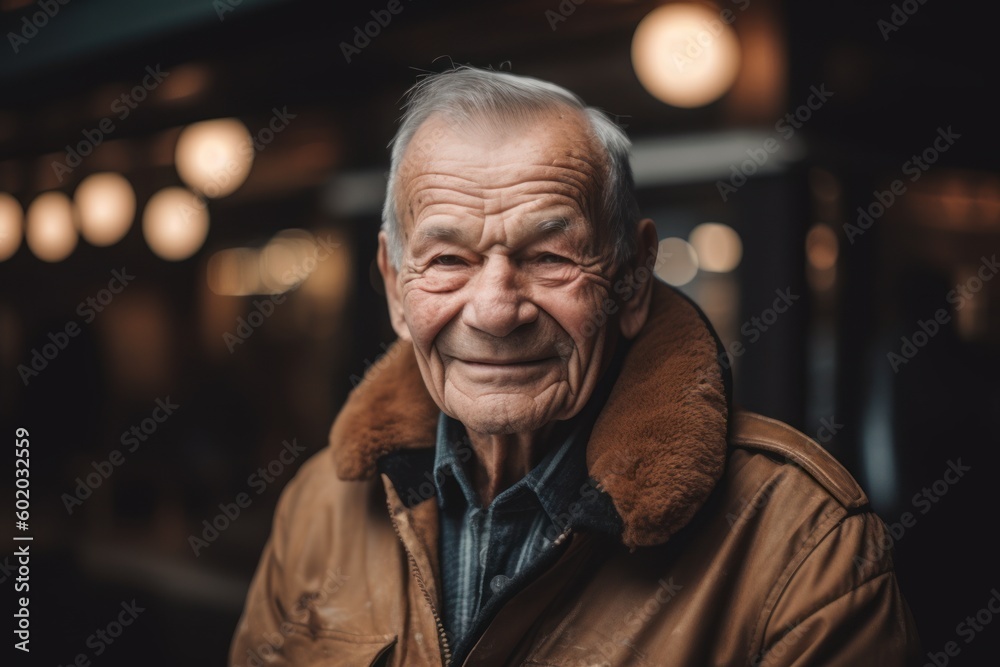 Portrait of an elderly man in the street. He is wearing warm clothes.