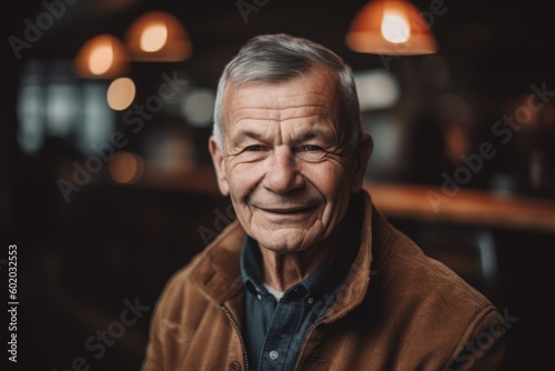 Portrait of smiling senior man in cafe. Senior man looking at camera.