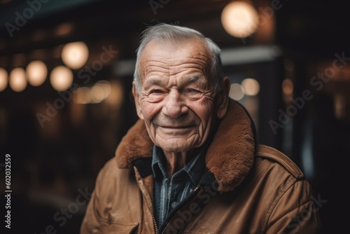 Portrait of an elderly man in the street. He is wearing warm clothes.
