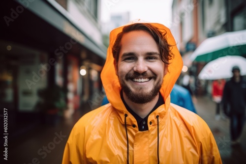 Portrait of a smiling man in a raincoat on the street
