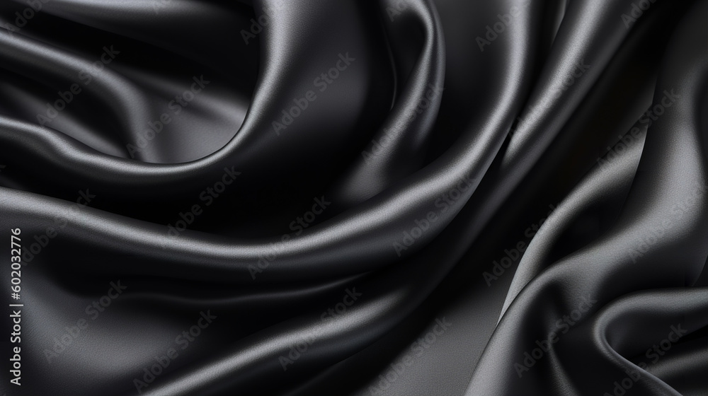 Black silk satin fabric texture background with sweeping ripples and folds. A.I. generated.