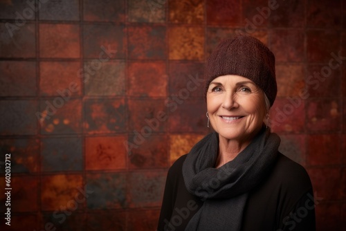 Portrait of a smiling senior woman wearing a warm hat and scarf