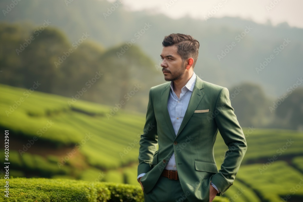 Medium shot portrait photography of a satisfied man in his 30s wearing a classic blazer against a tea plantation or farm background. Generative AI Medium shot portrait photography of a satisfied man in his 30s wearing a classic blazer against a tea plantation or farm background. Generative AI