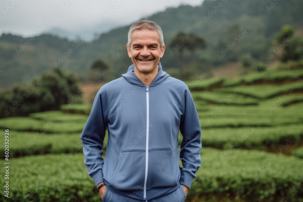 Portrait of happy mature man standing at tea plantation in the morning