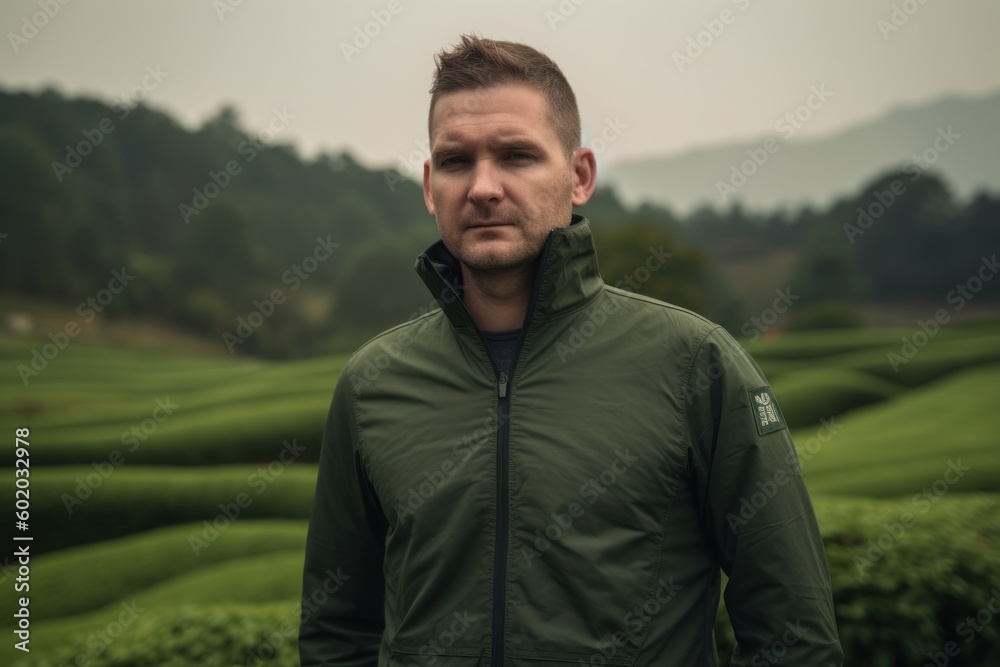 Handsome young man in a green jacket standing in a tea plantation Handsome young man in a green jacket standing in a tea plantation