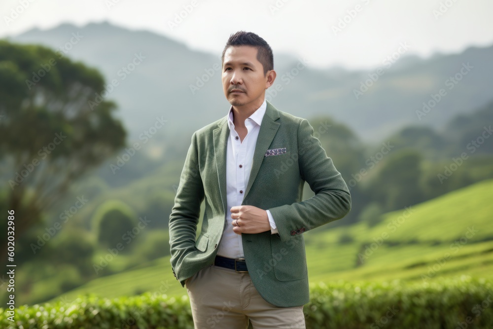 young asian man wearing green suit and standing at tea plantation in morning young asian man wearing green suit and standing at tea plantation in morning