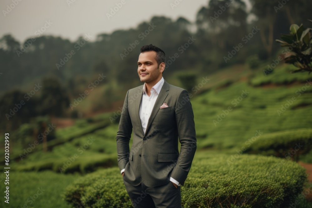 Portrait of a young businessman standing in a tea plantation. Successful business concept.