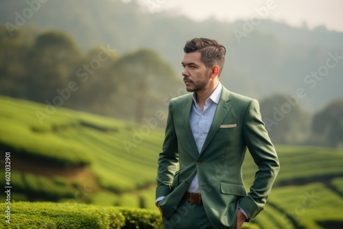 Medium shot portrait photography of a satisfied man in his 30s wearing a classic blazer against a tea plantation or farm background. Generative AI