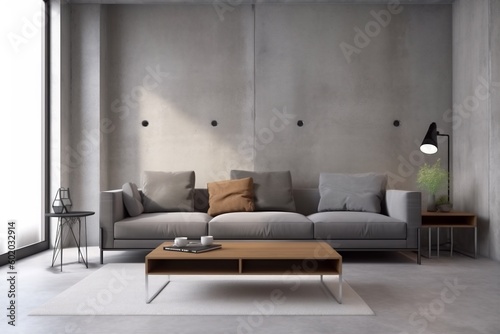 interior background light simple house decoration grey couch stylish pillow trendy. Generative AI. © SHOTPRIME STUDIO