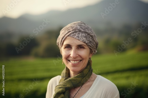 Environmental portrait photography of a pleased woman in her 40s wearing a foulard against a tea plantation or farm background. Generative AI