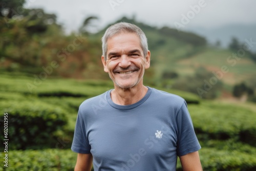 Portrait of smiling mature man standing at tea plantation in Cameron Highlands, Malaysia