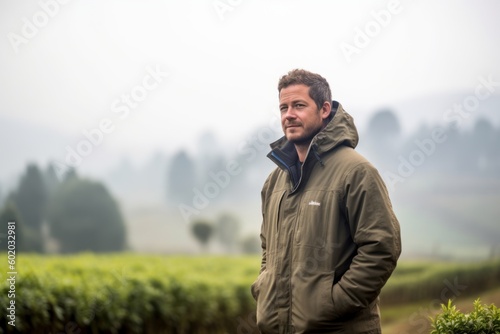Environmental portrait photography of a pleased man in his 30s wearing a warm parka against a tea plantation or farm background. Generative AI