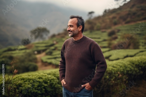 Man standing at tea plantation in Sri Lanka. Man wearing brown sweater and jeans.