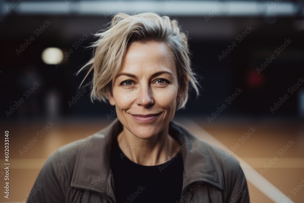 Portrait of smiling mature woman standing in hallway of modern office building
