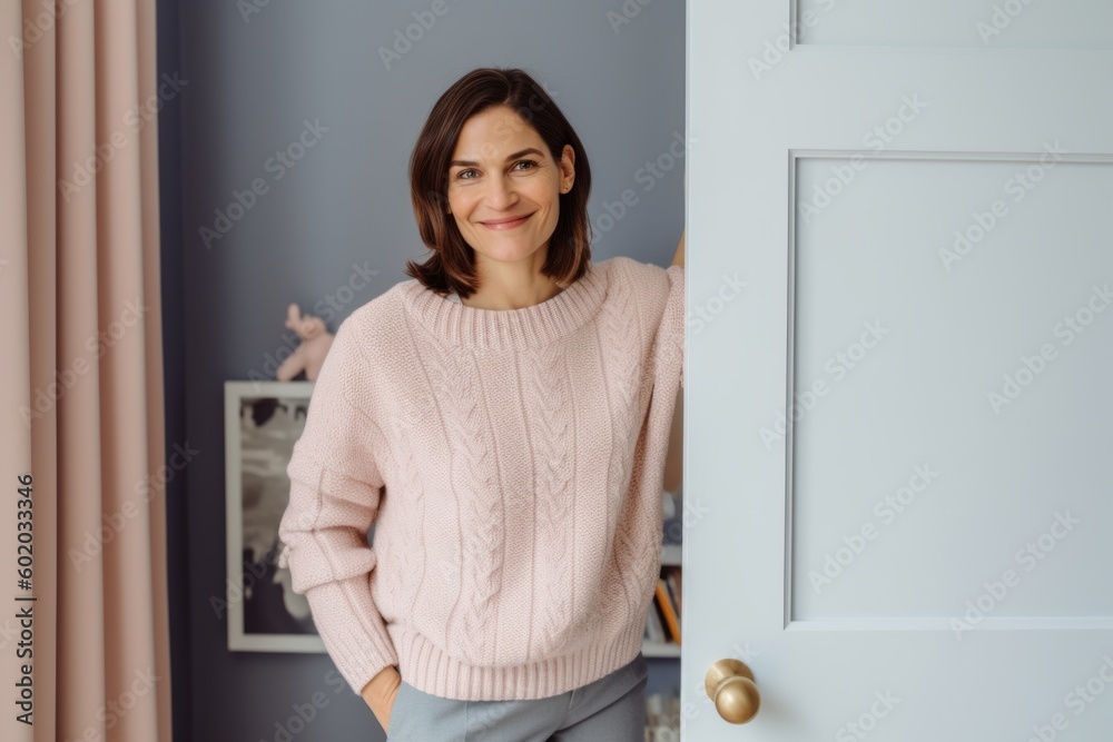 Portrait of a beautiful young woman standing by the door at home Portrait of a beautiful young woman standing by the door at home